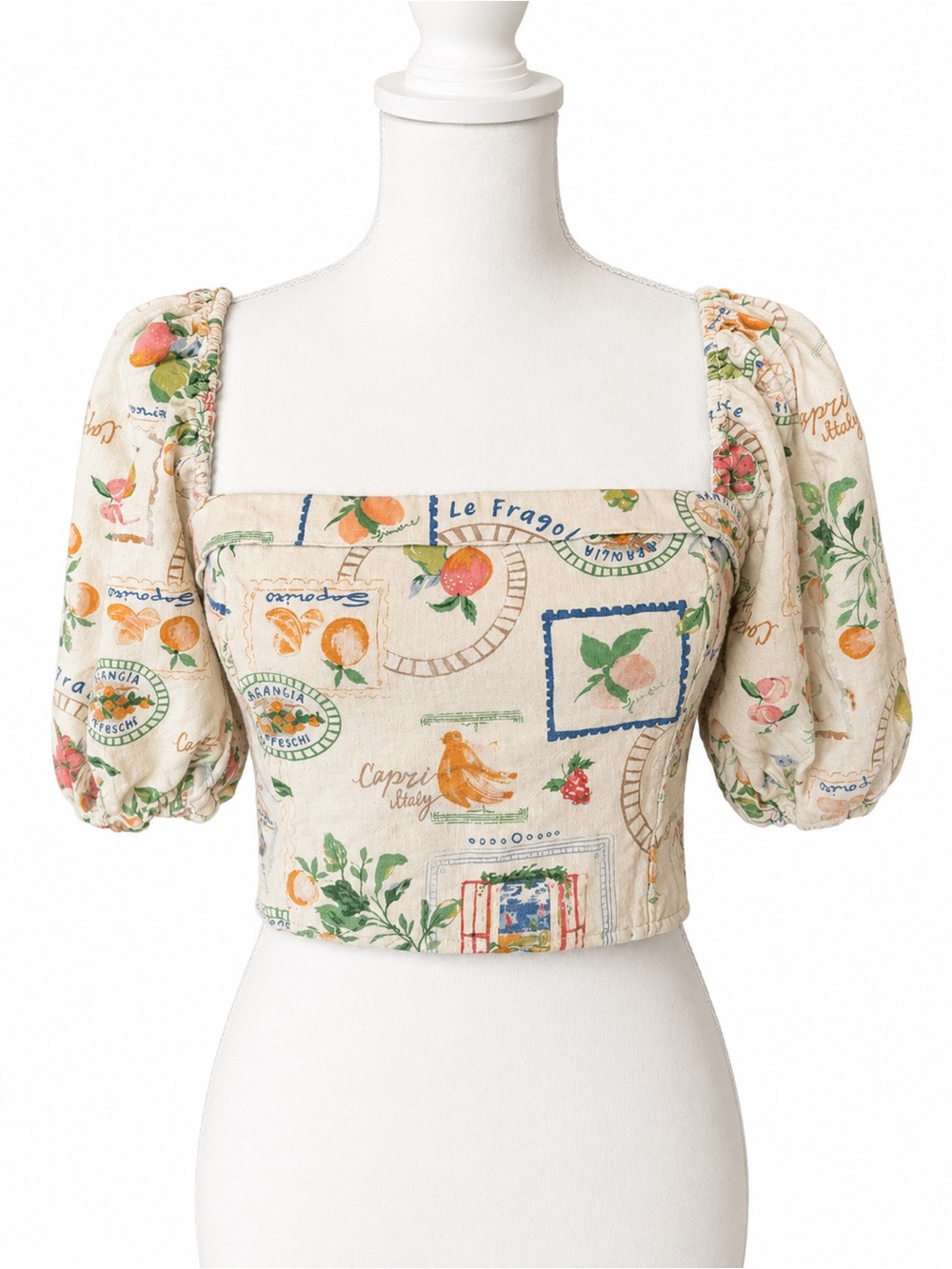 Abercrombie & Fitch Puff-Sleeve Square Neck Crop Top in Italian Fruit Pattern